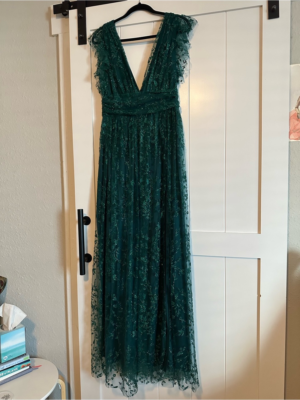 Deep Green Embellished V-Neck Gown - Picture 3 of 11
